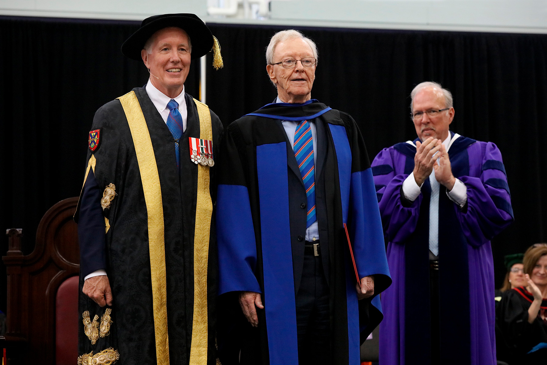 Chancellor Jim Leech with Donald Sobey and Dean David Saunders.